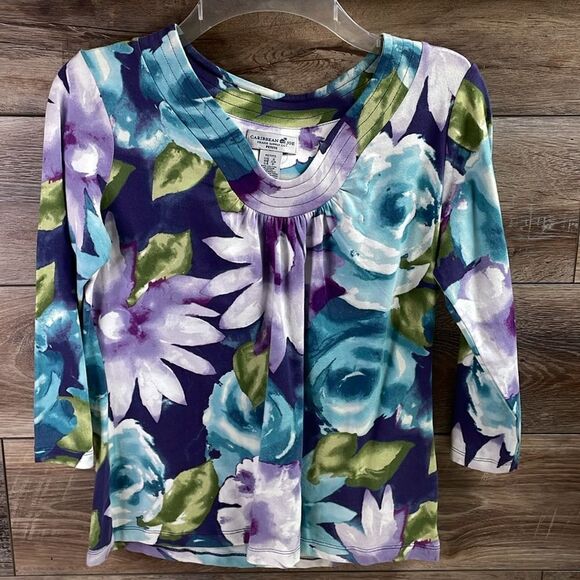 Caribbean Joe Ladies VNeck Floral Top, Size Petite Small, Purple,Teal White - Picture 3 of 7